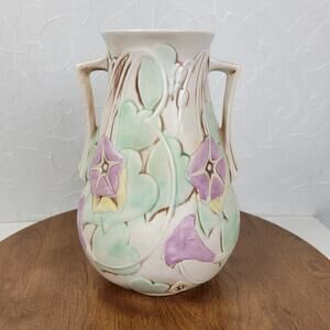 VTG Roseville Pottery Morning Glory Vase 10.5" Ivory Pink Floral Two Handle